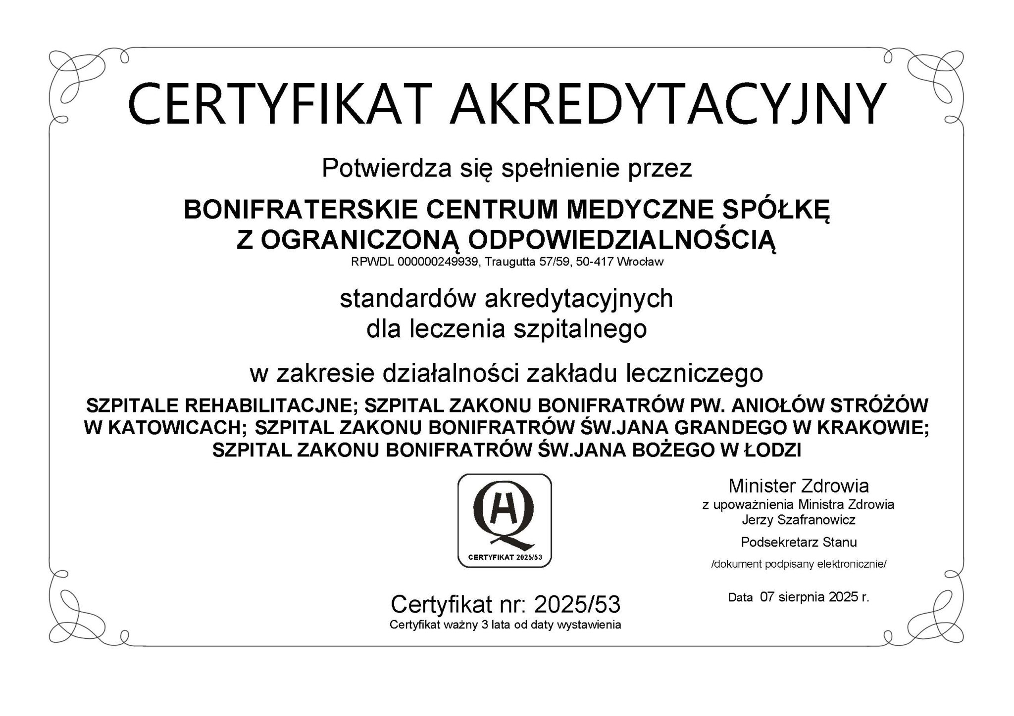 Pięć szpitali Bonifraterskiego Centrum Medycznego z akredytacją Ministerstwa Zdrowia